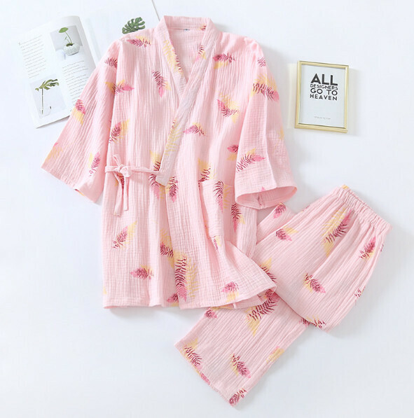 熱賣春秋季雙層紗布和服睡衣（LJ粉色葉子）【M-L碼】【下單後聯絡客服確認發貨尺碼】