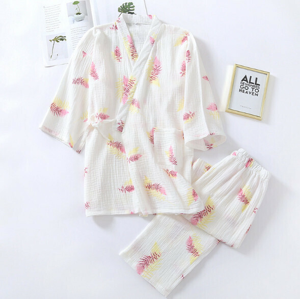 熱賣春秋季雙層紗布和服睡衣（LJ白色葉子）【M-L碼】【下單後聯絡客服確認發貨尺碼】