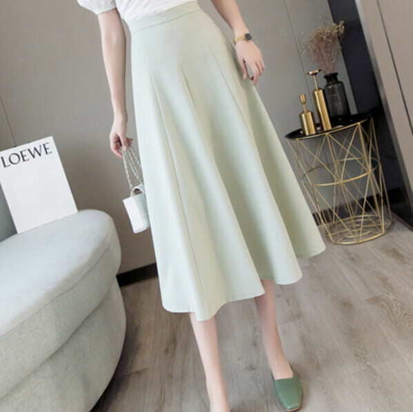 High-waisted midi A-line skirt skirt (bean green) (size: S/M/L/XL) (contact customer service to confirm size after placing an order)
