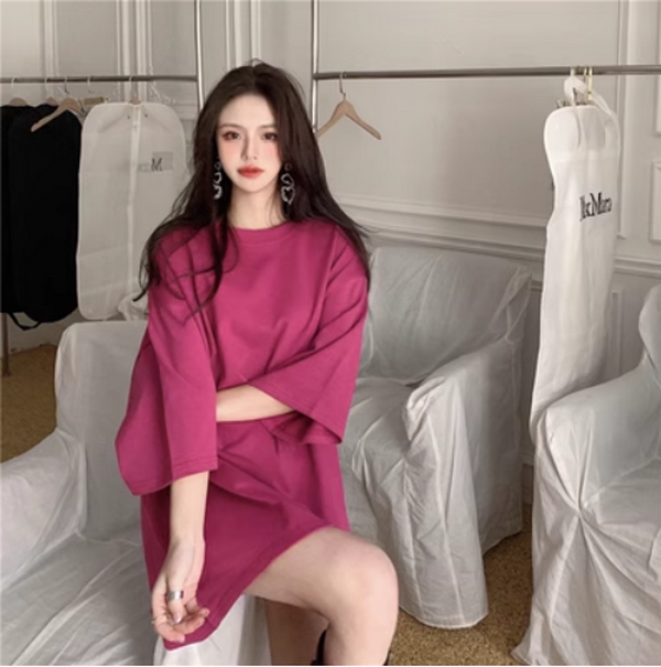 Short Sleeve Long Basic Relaxed Crew Neck T-Shirt (Raspberry) (Size: One Size)
