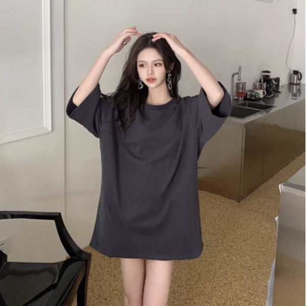 Short Sleeve Long Basic Loose Crew Neck T-Shirt (Dark Grey) (Size: One Size)