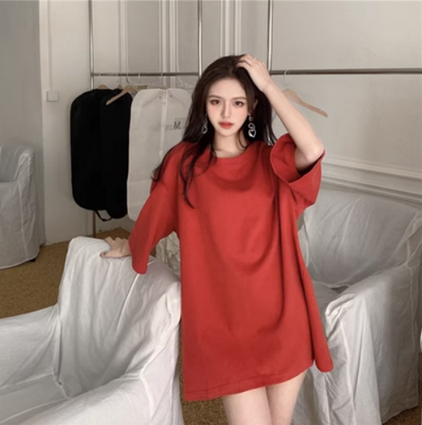 Short Sleeve Long Basic Loose Crew Neck T-Shirt (Vintage Red) (Size: One Size)