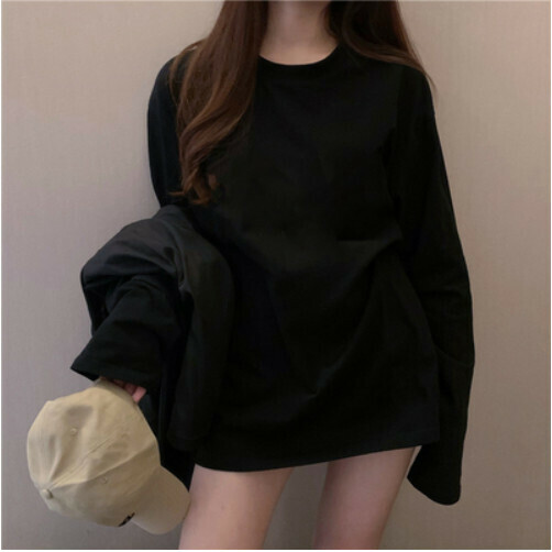 Long Sleeve T-Shirt Women's Pine Sweatshirt Layered Undershirt Cotton (Black Long Sleeves) [Size: S-2XL] [Contact Customer Service to Confirm Shipping Size After Placing an Order]