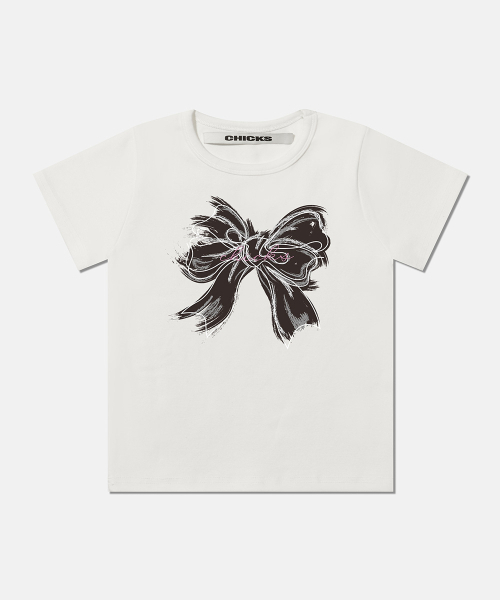 CHICKS - CROP BLACK RIBBON TSHIRT (WHITE)