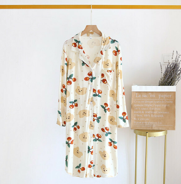 Spring and Summer Thin Modal Nightdress (LJ Beige Cherry Bear) [M-L Size] [Contact Customer Service to Confirm Shipping Size after Placing an Order]