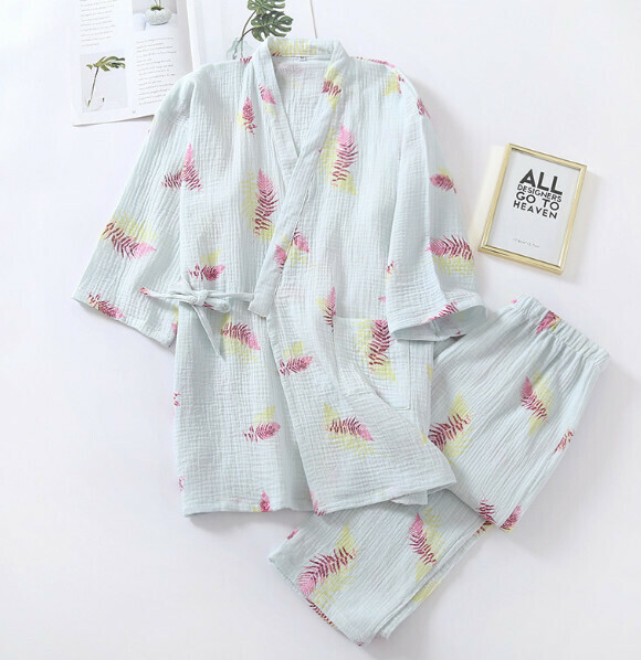新款春秋季雙層紗布和服睡衣（LJ藍色葉子）【M-L碼】【下單後聯絡客服確認發貨尺碼】