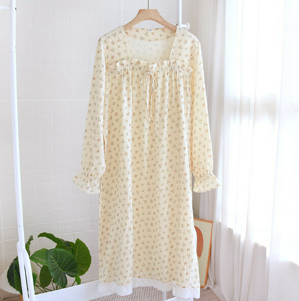Crepe Square Neck Long Sleeve Nightdress (HLL3 Floral) [M-XL Size] [Contact Customer Service to Confirm Shipping Size After Placing an Order]