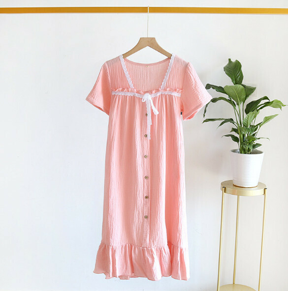 Crepe Short Sleeve Lace Nightdress (LYZ Pink) [One Size]