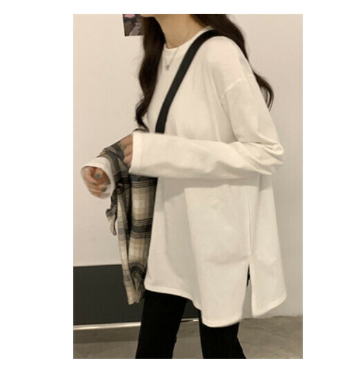Long-sleeved T-shirt women's pine sweatshirt layered undershirt cotton (white slit long sleeves) [size: S-2XL] [Contact customer service to confirm the shipping size after placing an order]