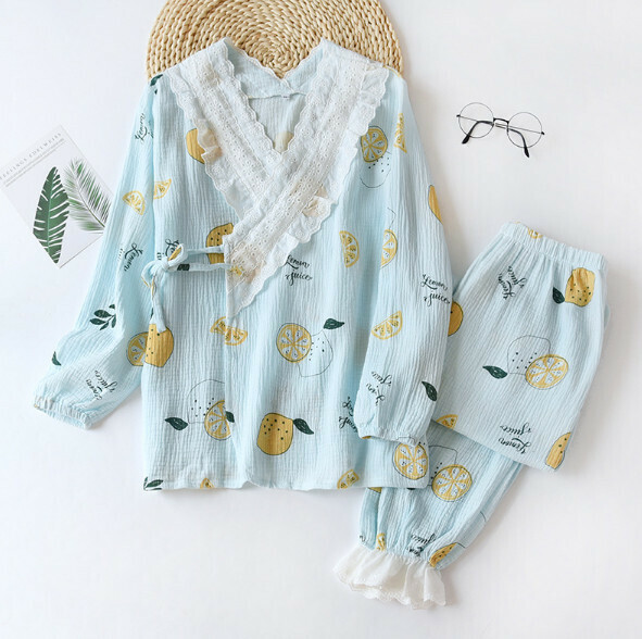 新款春秋夏季全棉縐布長袖和服睡衣（LH藍色卡通檸檬）【M-XL碼】【下單後聯絡客服確認發貨尺碼】