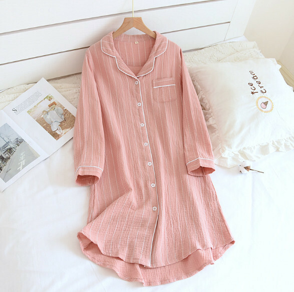 Spring/Summer Double Gauze Long Sleeve Nightdress (LYZ Pink Wide Stripes) [M-XL Size] [Contact Customer Service to Confirm Shipping Size after Placing an Order]
