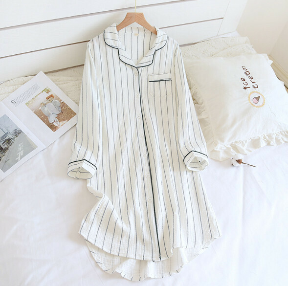 Spring/Summer Double Gauze Long Sleeve Nightdress (LYZ White Wide Stripes) [M-XL Size] [Contact Customer Service to Confirm Shipping Size after Placing an Order]