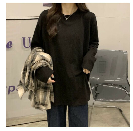 Long Sleeve T-Shirt Women's Pine Sweatshirt Layered Undershirt Cotton (Black Slit Long Sleeves) [Size: S-2XL] [Contact Customer Service to Confirm Shipping Size After Placing an Order]