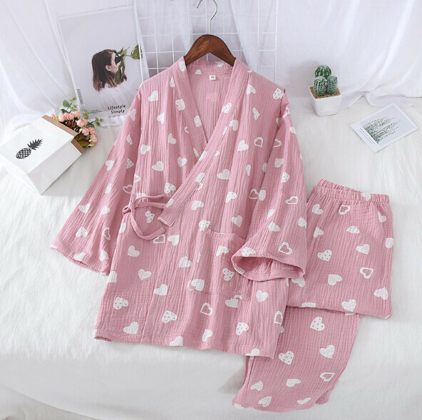 新款春秋款全棉縐布和服睡衣（粉色雙心）【M-XL碼】【下單後聯絡客服確認發貨尺碼】