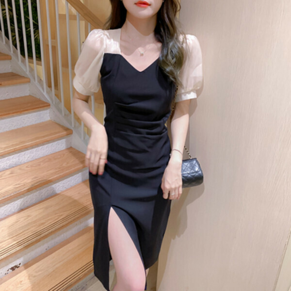 Chiffon waist dress (black long) (size: S/M/L/XL) (contact customer service to confirm size after placing an order)