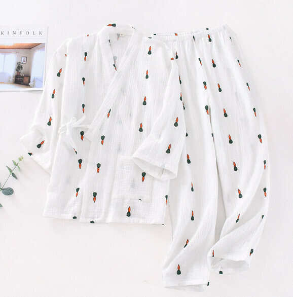 新款春夏季棉紗縐布和服睡衣（白色蘿蔔）【M-XL碼】【下單後聯絡客服確認發貨尺碼】