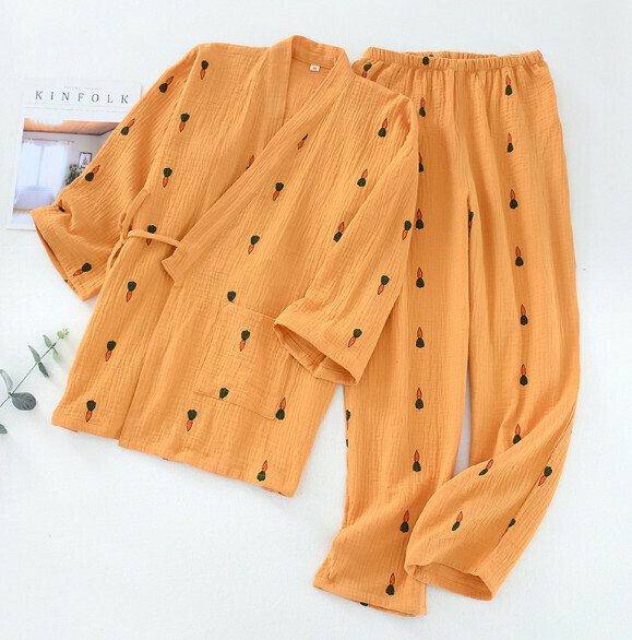 新款春夏季棉紗縐布和服睡衣（黃色蘿蔔）【M-XL碼】【下單後聯絡客服確認發貨尺碼】
