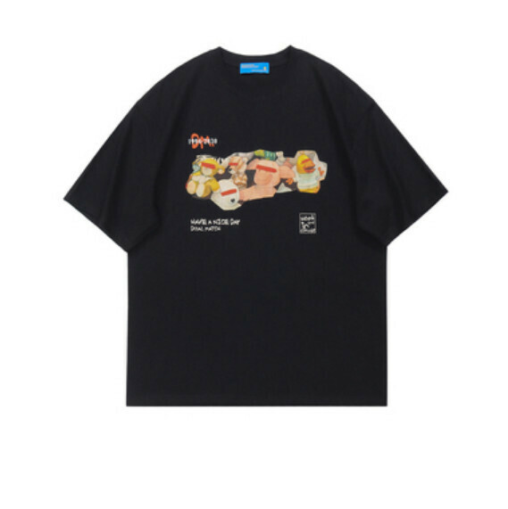 Retro cartoon print short sleeve T (black) [S-XL size] [Contact customer service to confirm the shipping size after placing an order]
