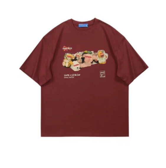 Retro cartoon print short sleeve T (red) [S-XL size] [Contact customer service to confirm the shipping size after placing an order]