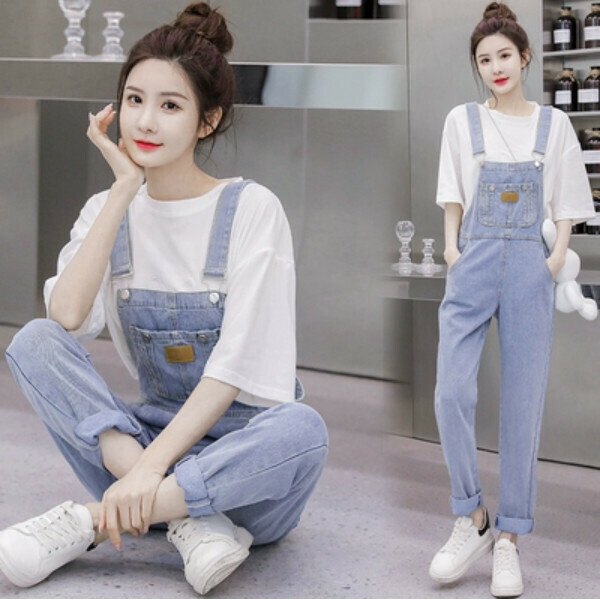 Denim bib + T-shirt set (blue bib pants) (size: S/M/L/XL/2XL) (contact customer service to confirm size after placing an order)