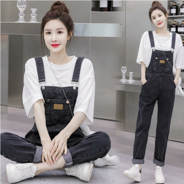 Denim bib + T-shirt set (smoke gray bib pants set) (size: S/M/L/XL/2XL) (contact customer service to confirm size after placing an order)