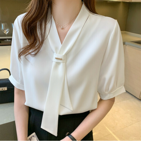 熱推V領雪紡短袖襯衫（白色）（碼數：S/M/L/XL/2XL)(下單後聯絡客服確認尺碼）