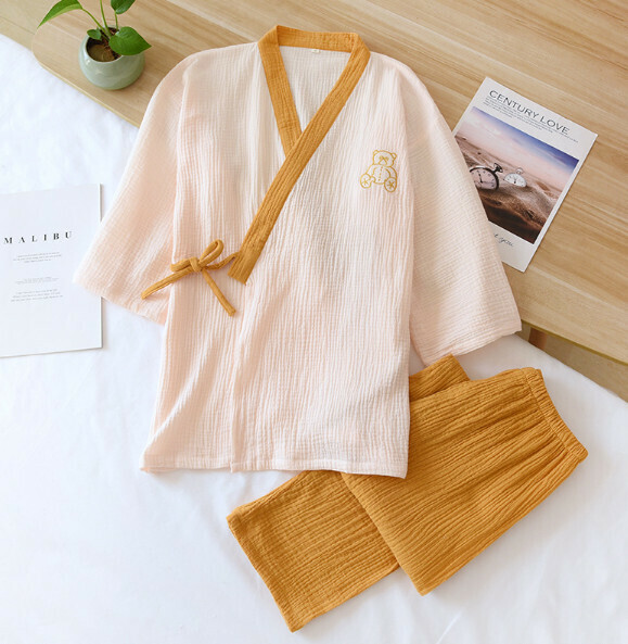 爆款春夏季拼色壓邊縐布和服睡衣（SXL黃色）【M-XL碼】【下單後聯絡客服確認發貨尺碼】