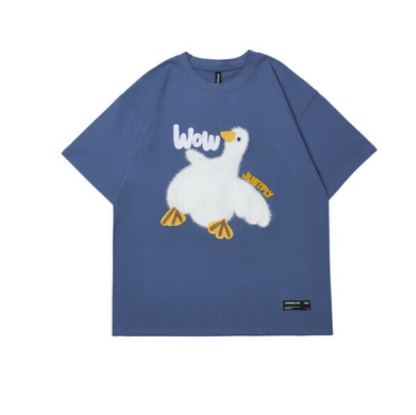 Knitted duck short sleeve T (blue) [M-2XL size] [Contact customer service to confirm the shipping size after placing an order]