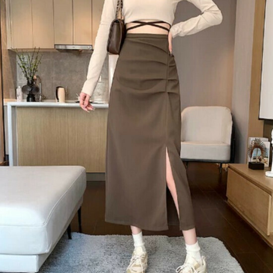 熱賣開叉西裝半身裙【咖色】【S-XL碼】(下單後請聯絡客服確認發貨尺碼)