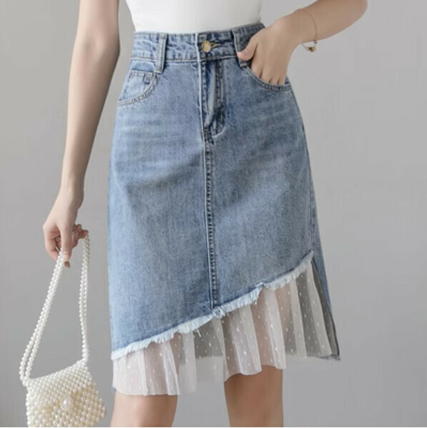 Lace Stitched Irregular Denim Skirt (Blue) (Size: S/M/L/XL/2XL) (Contact customer service to confirm size after placing an order)