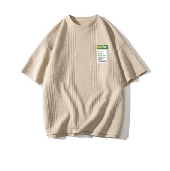 Summer retro embossed check crew neck short sleeve T (apricot) [M-2XL size] [Contact customer service to confirm the shipping size after placing an order]