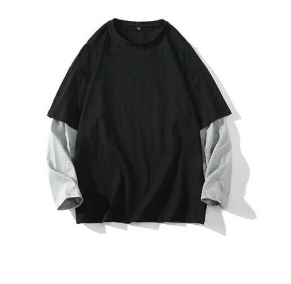 Fake two-piece stitching long-sleeved T (black with light gray) [S-3XL size] [Contact customer service to confirm the shipping size after placing an order]