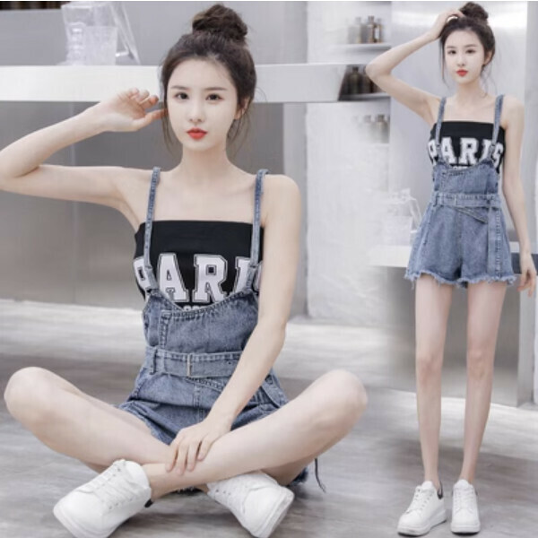 Suspenders denim bib pants + letter print bandeau two-piece set (bib pants black suit) (size: S/M/L/XL) (contact customer service to confirm the size after placing an order)
