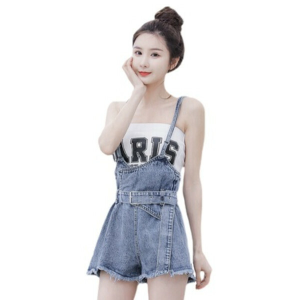Suspenders denim bib pants + letter print bandeau two-piece set (bib pants white suit) (size: S/M/L/XL) (contact customer service to confirm the size after placing an order)