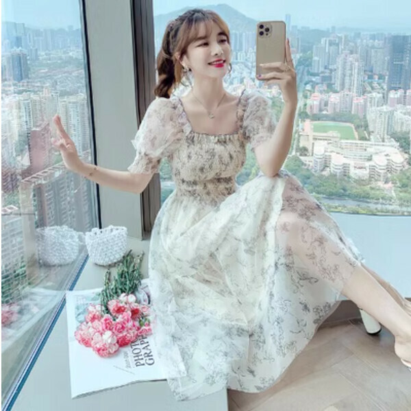 Chiffon French Floral Dress (Apricot) (Size: S/M/L/XL) (Contact customer service to confirm size after placing an order)
