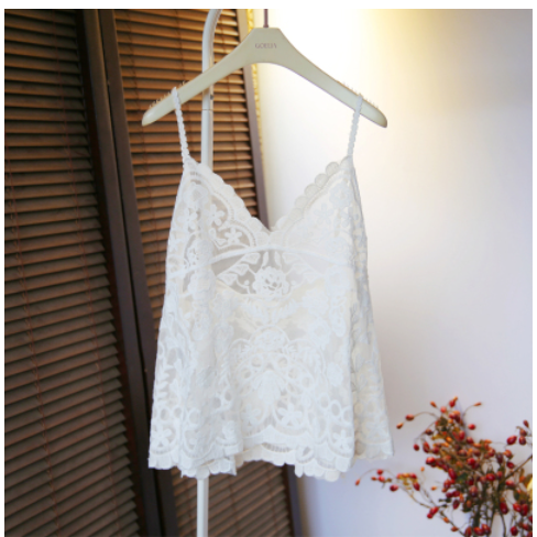 Lace floral embroidery mesh panel V-neck vest (white) (one size)