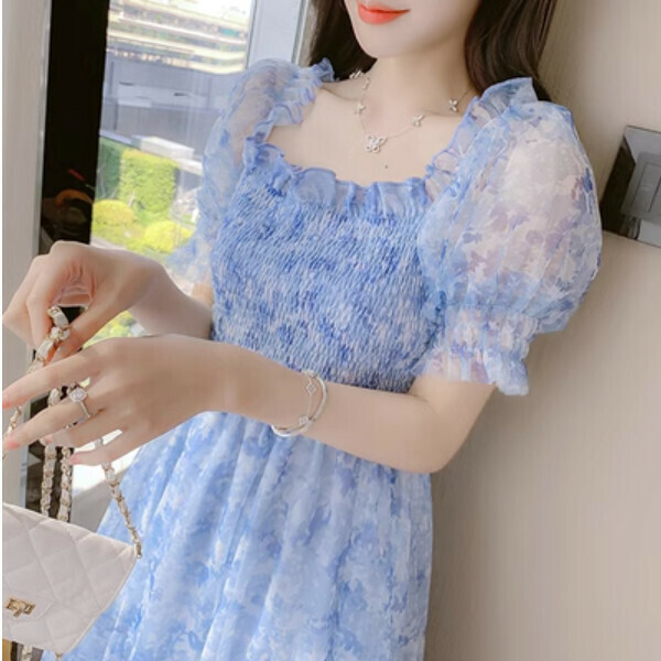 Chiffon French Floral Dress (Blue) (Size: S/M/L/XL) (Contact Customer Service to Confirm Size after Ordering)