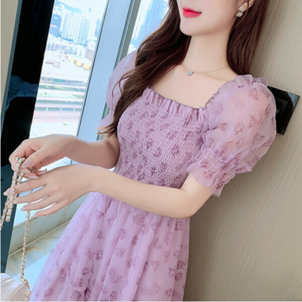 Chiffon French Floral Dress (Purple) (Size: S/M/L/XL) (Contact Customer Service to Confirm Size after Ordering)
