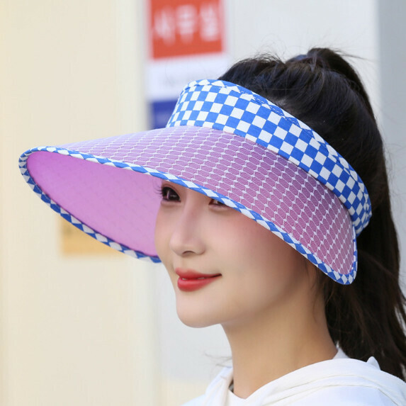 熱賣格子空頂防曬遮陽帽女（藍色）