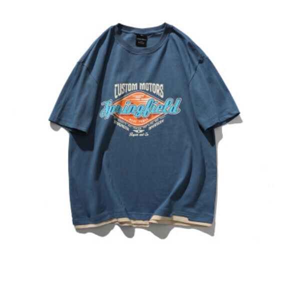 Printed fake two-piece short-sleeved T (navy blue) [M-2XL size] [Contact customer service to confirm the shipping size after placing an order]