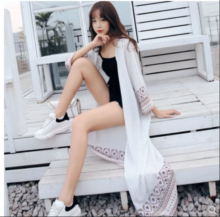 Mid Length Plus Size Long Sleeve Chiffon Sun Protection Cardigan (White) (One Size)