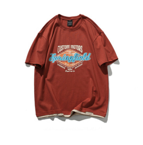 Printed fake two-piece short-sleeved T (orange) [M-2XL size] [Contact customer service to confirm the shipping size after placing an order]
