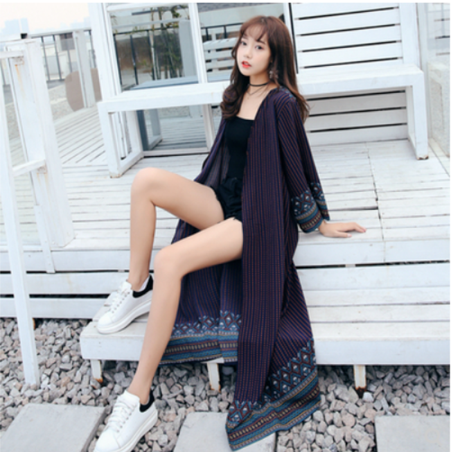 Mid Size Plus Size Long Sleeve Chiffon Sunscreen Cardigan (Navy Blue) (One Size)