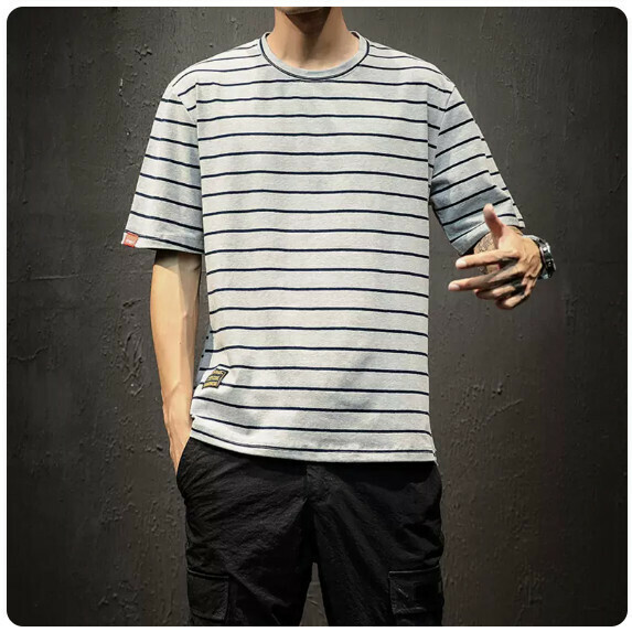 熱推條紋短袖T恤（灰色【M_5XL碼】（下單後聯繫客服確認發貨尺碼）