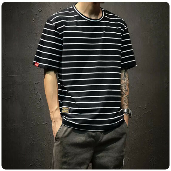 熱推條紋短袖T恤（黑色【M_5XL碼】（下單後聯繫客服確認發貨尺碼）