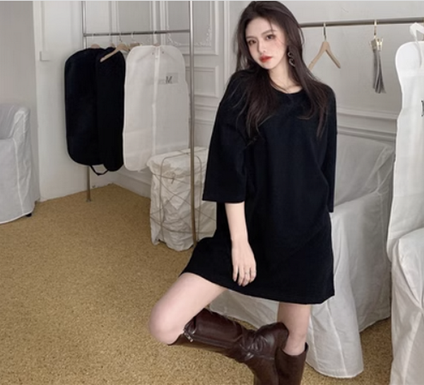 Short Sleeve Long Basic Relaxed Crew Neck T-Shirt (Black) (Size: One Size)