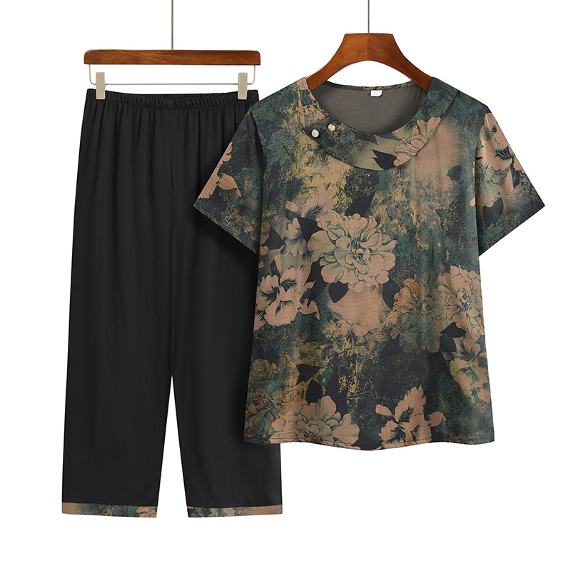 Middle-aged and elderly mothers short sleeve set (XL-4XL size 3 color) [Please contact customer service to confirm the shipping size after placing an order]