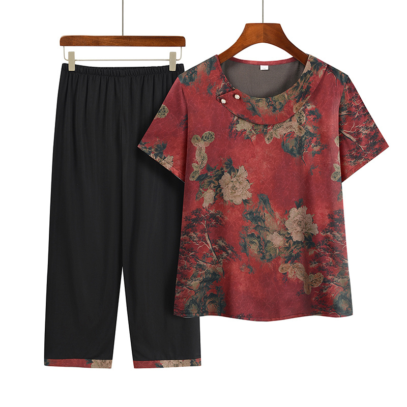Middle-aged and elderly mom short sleeve suit (XL-4XL size 4 color) [Please contact customer service to confirm the shipping size after placing an order]