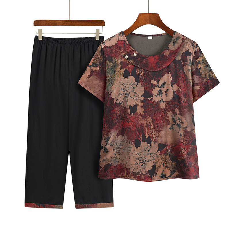 Middle-aged and elderly mom short-sleeved suit (XL-4XL size 5 color) [After placing an order, please contact customer service to confirm the shipping size]