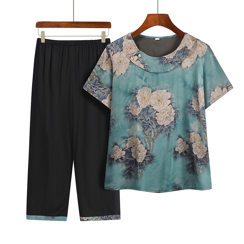 Middle-aged and elderly mom short sleeve set (XL-4XL size 6 color) [After placing an order, please contact customer service to confirm the shipping size]